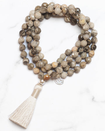 Elemental Tassel Mala Necklace | Silver Leaf Jasper - mylittlemantra