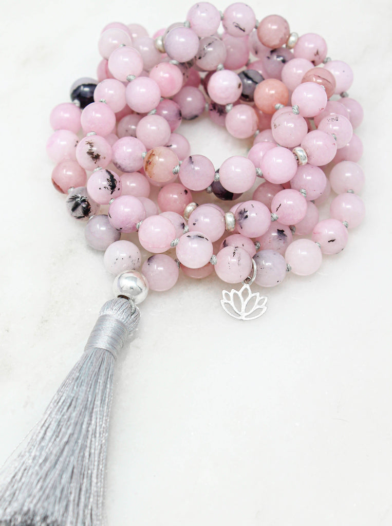 Anahata Tassel Mala Necklace | Cherry Blossom Jasper - mylittlemantra